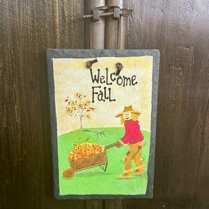 Welcome Fall Scarecrow with Autumn Leaves - Vintage Slate Sign Wall Decor